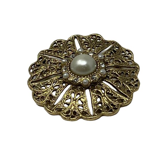 Vintage Brooch Faux Pearls and Rhinstones Gold Tone Round Pin - Picture 3 of 8
